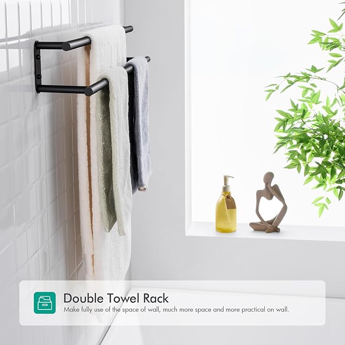 BAGNOLUX Double Towel Bar, SUS304 Towel Racks for Bathroom Wall Mounted 2-Tiers Ladder Towel Rails, Space Saving Bathroom Towel Holder Shelves Rack, Long Towel Hanger (16“-Round-Matte Black)