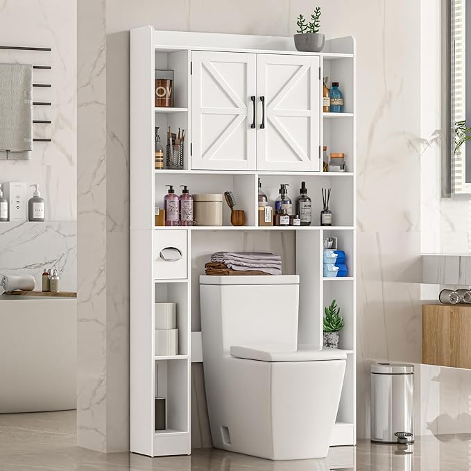 Farmhouse Storage Cabinet Over Toilet with Barn Doors，Over The Toilet Storage Cabinet, Home Space-Saving Toilet Rack, for Bathroom, Restroom, Laundry.