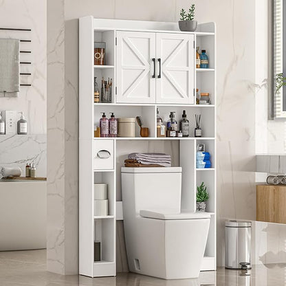 Farmhouse Storage Cabinet Over Toilet with Barn Doors，Over The Toilet Storage Cabinet, Home Space-Saving Toilet Rack, for Bathroom, Restroom, Laundry.
