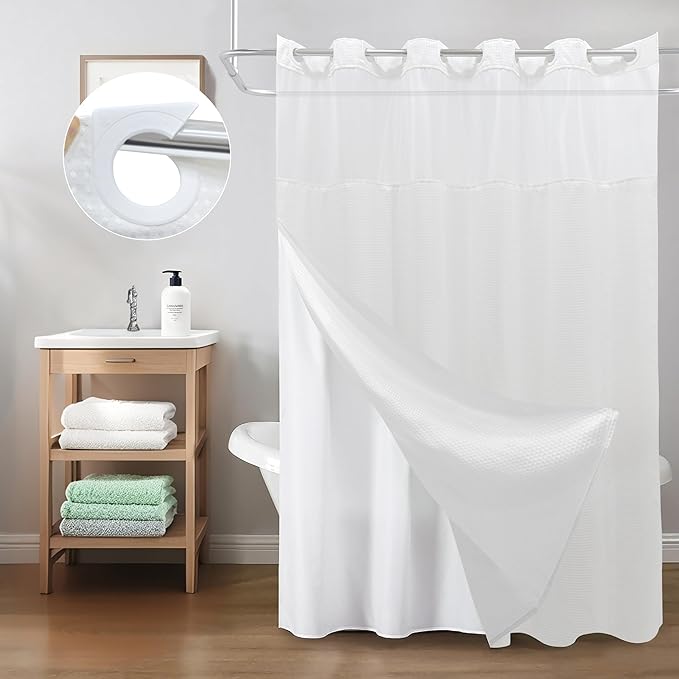 Inhousolu Long No Hook Shower Curtain with Snap in Fabric Liner Set Waffle Weave 230GSM Weighted Hem, Waterproof & Washable Bathroom Curtain Spa Luxury with Mesh Top Window 72" W x 78" L White