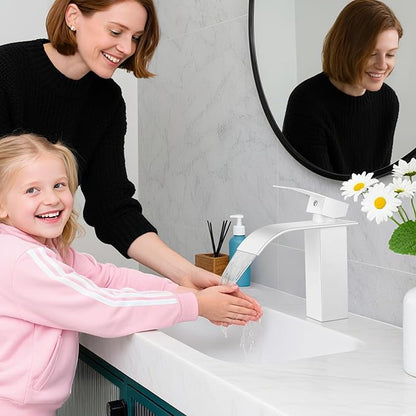 Bathroom Faucets White Waterfall Bathroom Sink Faucet Modern Single Handle Bathroom Faucet for 1 or 3 Hole Mxier Tap Washbasin Faucet with Deck, Pop-up Drain and Supply Hoses