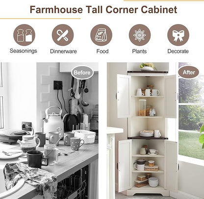 Tall Farmhouse Corner Cabinet with 4 Doors and Adjustable Shelves, Farmhouse Storage Cabinet with Barn Door Design, Home Space Saver for Living Room, Kitchen, Laundry Room (Antique White)