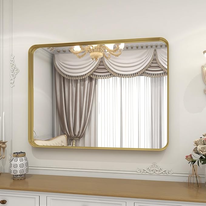 VooBang Bathroom Mirror 24x36 inch, Gold Gorgeous Deep Frame Wall Mirror, Modern Round Corner Bathroom Vanity Mirror for Bedroom, Living Room, Hanging or Leaning Horizontal or Vertical, Gold