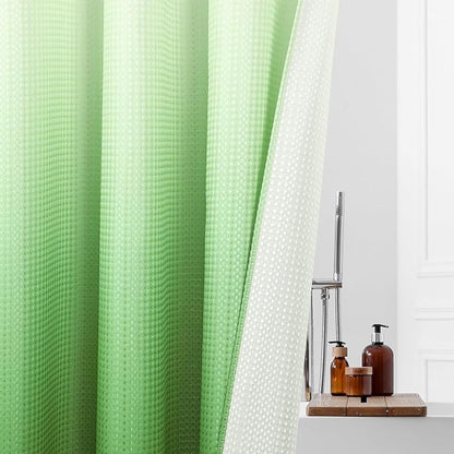 MitoVilla Emerald Green Ombre Long Shower Curtain Liner Set 72 x 80, No Hooks Needed 80 inch Long Heavyweight Waffle Fabric Shower Curtain Set with Snap-in Liner for Hotel Bathroom Decor