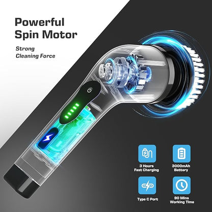 Kingwell Electric Spin Scrubber, Cordless Electric Scrubber for Cleaning with 9 Brush Heads, 2 Speeds,3 Adjustable Handle, 90Mins Work Time, Shower Scrubber for Bathroom, Tub, Floor,White