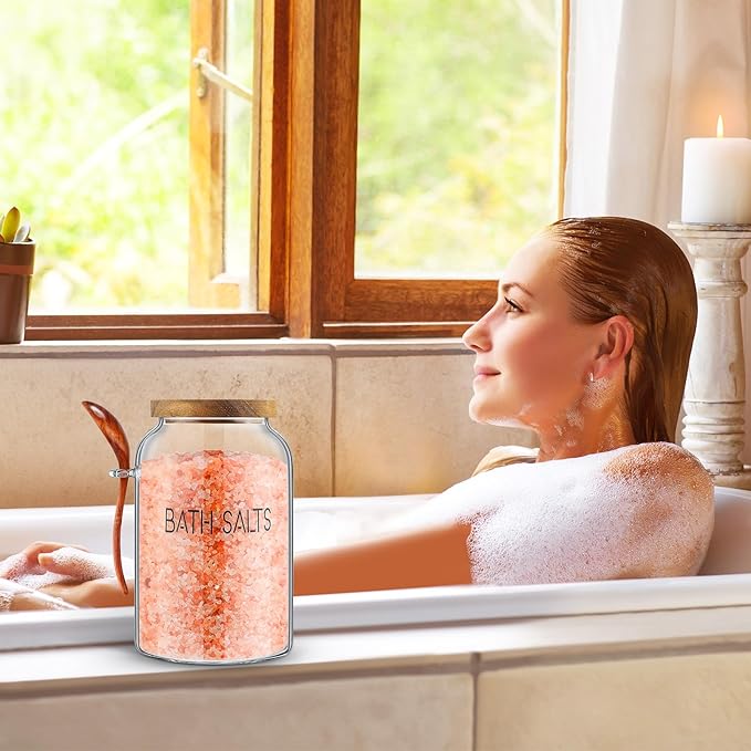 2 Pcs 94 oz Bath Salts Glass Jar with Wooden Lid, Bath Salt Container with Scoop, Airtight Storage Bathtub Accessories for Women