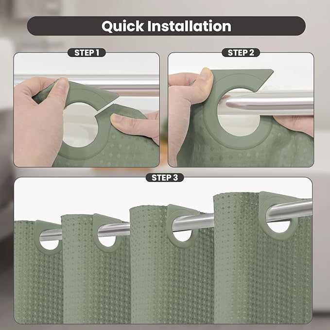 Inhousolu No Hook Waffle Weave Shower Curtain with Removable Snap in Fabric Liner Set for Bathroom, 230 GSM Heavy Duty Weighted Hem, Water Repellent Washable Bath Curtains, 60 x 72 Inch, Sage Green