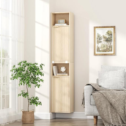 59.1" Tall Slim Bathroom Storage Cabinet Oak | Freestanding or Wall Mounted Modular Cabinet, Fluted Panel Linen Tower with Adjustable Shelves for Small Spaces