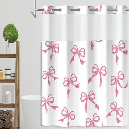 Cute Pink Bow No Hook Shower Curtain Set with Snap in Fabric Liner for Bathroom,with See Through Top Window,Double Shower Curtain with Detachable Liner Replacement,Machine Washable,71"x 74"