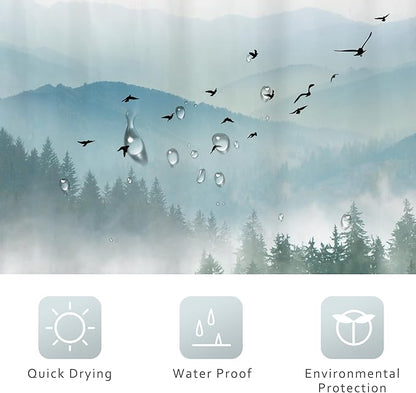 Riyidecor Green Shower Curtain 54Wx78H Inch Long Rustic Mountain Scenery Pine Tree Greenery Landscape Natural Woodland Mens Nature Bathroom Decor Fabric Polyester Waterproof 12 Pack Hooks
