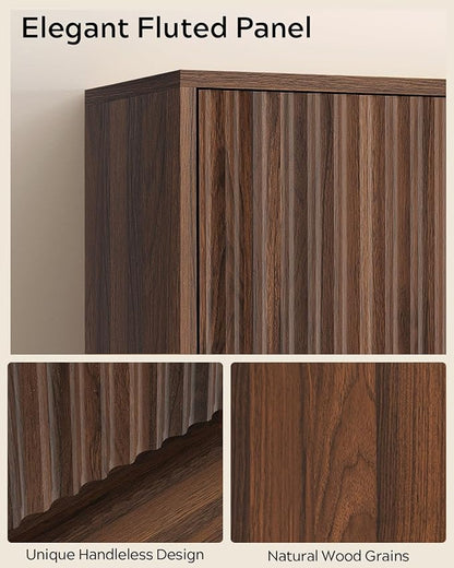 Fluted Wall Cabinet Set of 2, Wooden Bathroom Medicine Cabinet Storage with 2 Doors, Adjustable Shelf and Towels Bar, Modern Wall Mount Large Floating Cabinet for Kitchen Brown