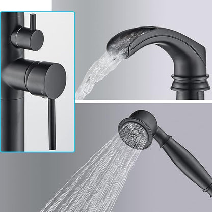 Senlesen Matte Black Bathroom Single Handle Freestanding Bathtub Faucet Floor Mounted Waterfall Tub Filler with Hand Shower Set