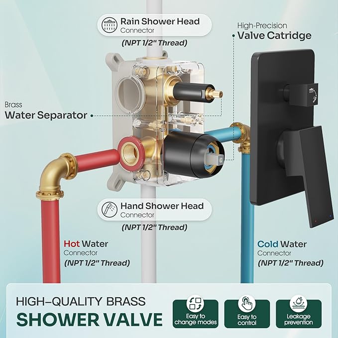 Ceiling Mount Shower System, Black Shower Faucet Set with 12-Inch Rain Showerhead and Handheld Spray Combo, High-Pressure Showerheads Set with Valve and Trim Kit, Matte Black