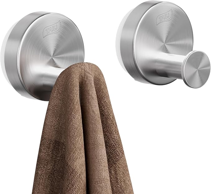 TAILI Stylish 304 Stainless Steel Bathroom Suction Hooks for Towel, Bathrobe, Loofah, No Damage Hanging Glass Shower Wall Hook, Patented Strong Suction Cup Holder, Hold Up to 11 Lbs, O-Cylinder Silver