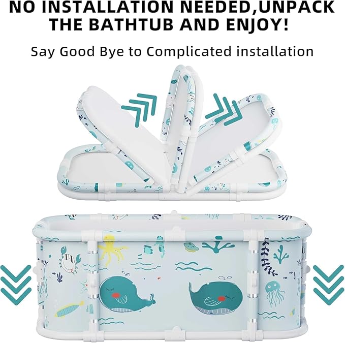Portable Bathtub, 47“ Foldable Bathtub-Installation Free, 7 Layers Thicken with Metal Support, Therapy Tub for Shower Stall Fold Up Soaking Bath Tub, Hot SPA, Ice (Wonder Ocean EA6)