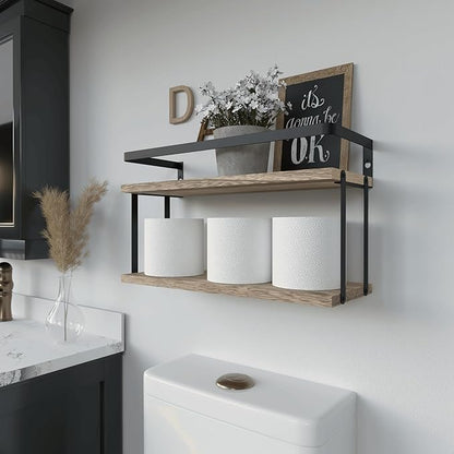 RICHER HOUSE Dual-Level Guardrail Floating Shelves, Rustic Wood Shelf Wall Mounted, Over Toilet Paper Storage Shelf for Bathroom Wall Decor, Bathroom Organizers and Kitchen Storage - Rustic Wood
