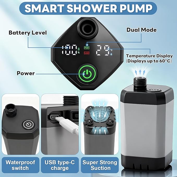 Portable Shower with Heater 1500W Camping Water Heater with Shower Head 3 Spray Modes, 6000mAh Rechargeable Shower Pump with LED Display Foldable Bucket Outdoor Showering for Hiking RV Car Travel Pet