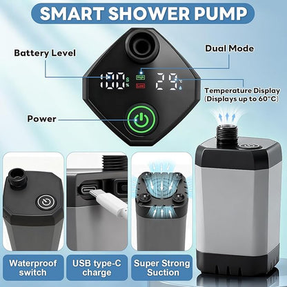 Portable Shower with Heater 1500W Camping Water Heater with Shower Head 3 Spray Modes, 6000mAh Rechargeable Shower Pump with LED Display Foldable Bucket Outdoor Showering for Hiking RV Car Travel Pet