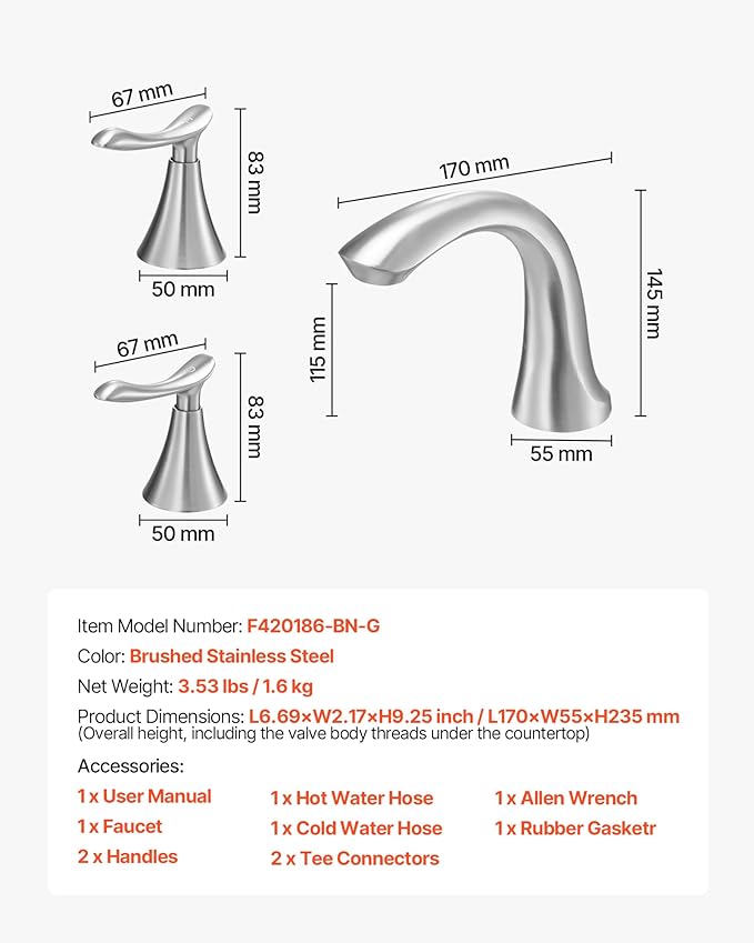 VEVOR Roman Tub Faucet, 3 Hole Waterfall Bathtub Faucet, Gooseneck Bath Tubs Faucets Set with 2 Handles, Deck Mount Bath Tub Faucets Set for Pet Washing, Adult Bathing, Brushed Nickel
