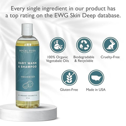 SoCal Suds & Company Organic Baby Shampoo and Body Wash - 2-in-1 Castile Soap, Hypoallergenic, Sensitive Skin, Natural Soap, Toddler Shampoo, Infant, Newborn, Kids Body Wash - 12oz Fragrance Free 2Pk