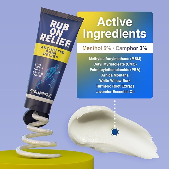 RUB ON RELIEF Topical Pain Relief Cream - Non-Greasy Joints Pain Cream for Knees, Shoulders & Back, Targeted Arthritis & Muscle Aches with Arnica, MSM, Turmeric, Aloe Vera, & Castor Oil- 3 oz (3 Pack)