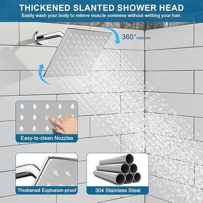 Shower Faucet Set Polished Chrome Shower System, Ceiling Mount 10 Inch Shower Head With Wall Mount 6 Inch Shower Head and 2 in 1 Handheld Spray, Push Button Diverter Shower Valve Trim Kit