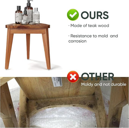 12.4“ Tall Small Teak Shower Stool for Shaving, Waterproof Corner Foot Rest with Storage Basket, Space-Saving Design for Compact Showers