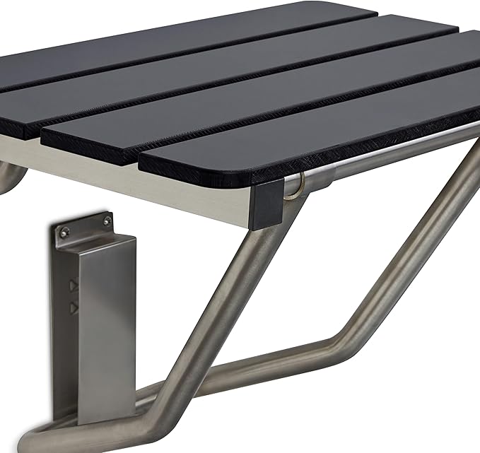 24-inch x 15-inch ADA Folding Wall Mount Bathroom Shower Seat Bench, Black Slatted Phenolic Seat