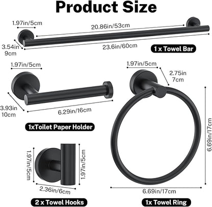 Matte Black Towel Bar Set 5-Piece Bathroom Hardware Accessories Set Includes 23.6in Towel Bar-Round Towel Ring-Toilet Paper Holder-Towel Hooks Stainless Steel Wall Mount Bathroom Towel Holder Set
