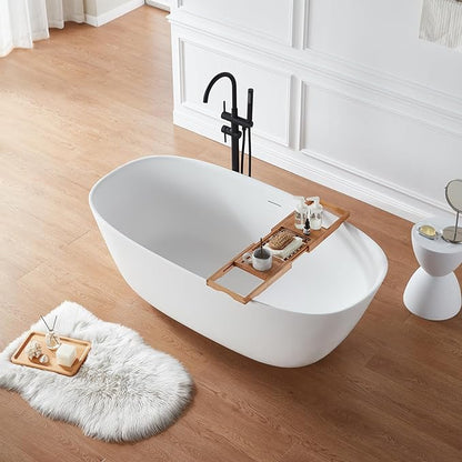 Cpingao 55" Stone Resin Solid Surface Freestanding Bathtub, Modern Elegant Design Soaking Stand Alone Tub, Matte White, Chrome Drain and Overflow Included 8823A-1400