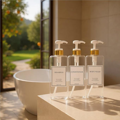 Modern Gold Design Shampoo and Conditioner Dispenser, Large 27oz Shower Soap Dispenser, Set of 3 Refillable Empty Plastic Pump Bottles for Bathroom, 6 Waterproof Labels Included, (Clear & White)