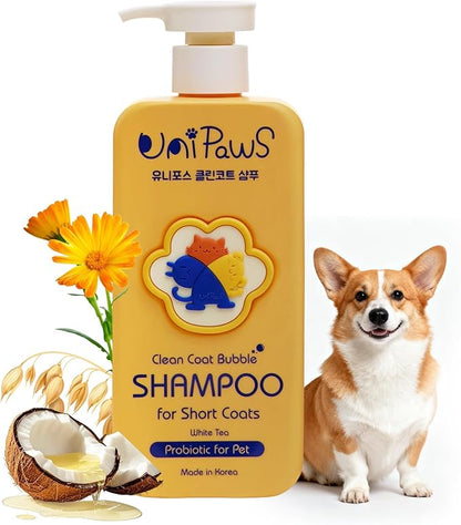 Unipaws Probiotic Dog Shampoo for Short-Haired Coats – Itch Relief, Deodorizing & Hydrating for Healthy, Fresh Skin with Calendula & Oatmeal – EWG Green & White Tea Scent, Made in Korea, 16.9 Fl Oz