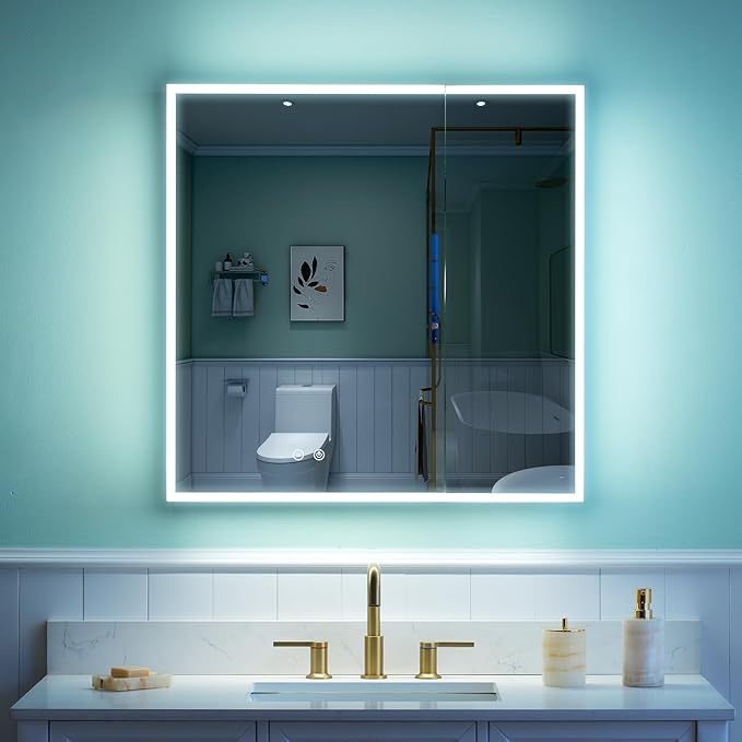 WELLFOR 30" X 30" Medicine Cabinet with Lights, 3X Magnification, Anti-Fog Mirrored Cabinet, Bathroom Vanity Medicine Cabinet with Outlets & USB Ports, Double Doors