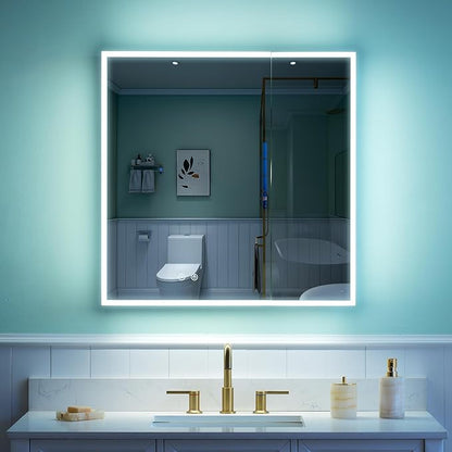 WELLFOR 30" X 30" Medicine Cabinet with Lights, 3X Magnification, Anti-Fog Mirrored Cabinet, Bathroom Vanity Medicine Cabinet with Outlets & USB Ports, Double Doors