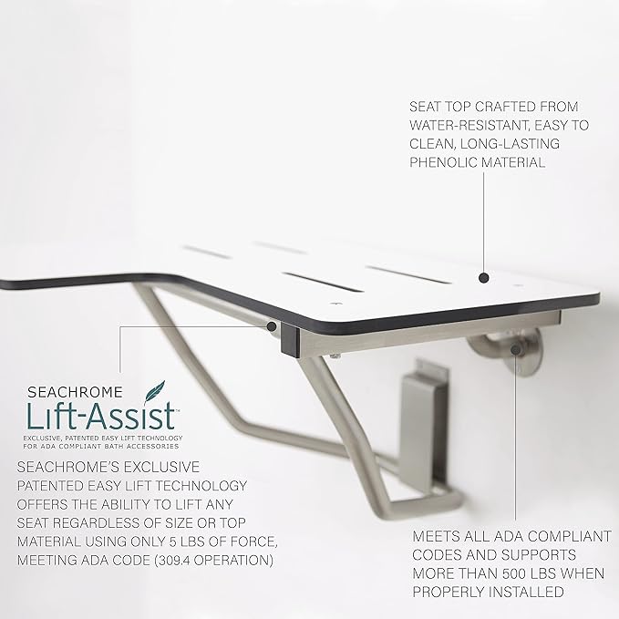 Seachrome 32" x 22.5" Lift-Assist ADA L-Shaped Reversible Bathroom Shower Bath Transfer Seat, Folding, Wall-Mounted, White Phenolic Seat