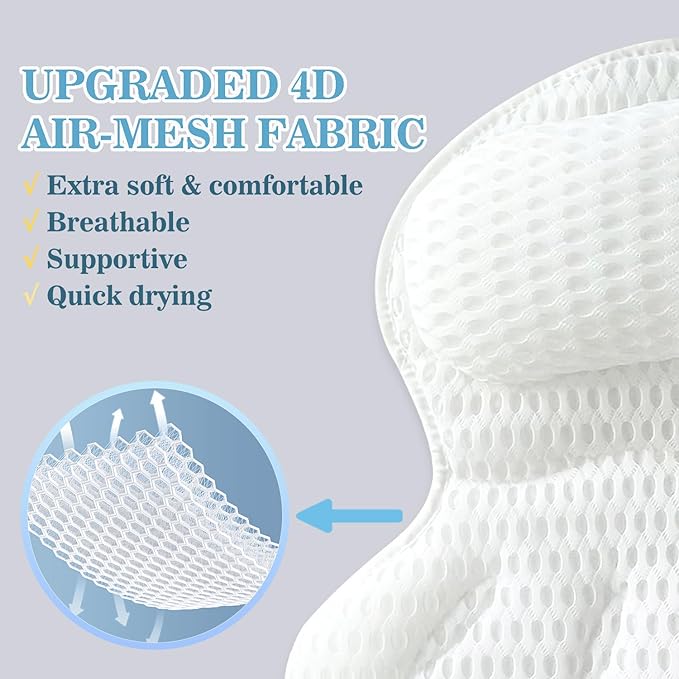 Bath Pillow Luxury Bathtub Pillow - Bath Pillows for Tub Neck and Back Support, Ergonomic Tub Pillow for Bath with 4D Air Mesh + 6 Strong Suction Cups, Great Spa Gifts Bathtub Accessories