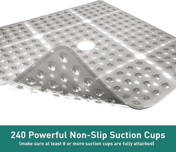 Large Square Shower Mat Non Slip 27 x 27 Inch, Soft Bath Mat Tub Mat for Inside Shower Bathroom Floor, Shower Stall Mats With Big Suction Cup Drain Holes, Easy Washable, BPA-Free, Clear Gray