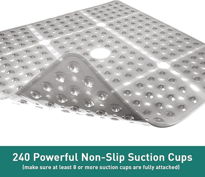 Large Square Shower Mat Non Slip 27 x 27 Inch, Soft Bath Mat Tub Mat for Inside Shower Bathroom Floor, Shower Stall Mats With Big Suction Cup Drain Holes, Easy Washable, BPA-Free, Clear Gray