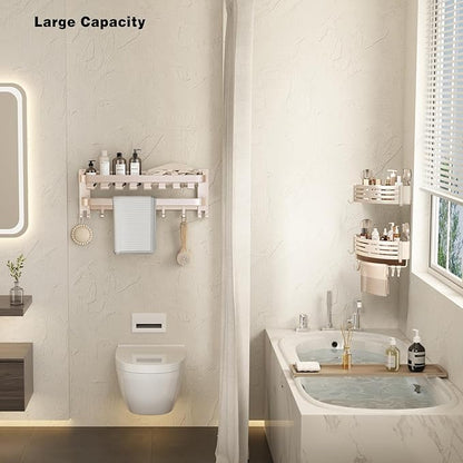 VOLPONE Corner Shower Caddy Suction Cup Shower Shelf Corner No Drilling Bathroom Shower Organizer Storage Rack Adhesive with Towel Bar Hooks(2-Pack, Ivory)