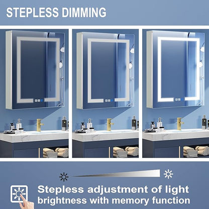 GroGro LED Lighted Bathroom Medicine Cabinet with Mirror,24" W x 30" H Medicine Cabinet with Lights,Surface or Recessed Mounting,Defog,Dimming,3-Color Temperature Adjustment