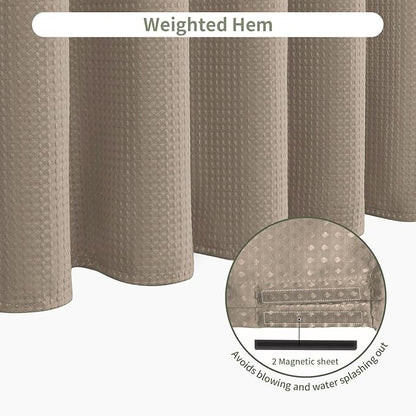 Inhousolu Fabric Shower Curtain Waffle Weave, 230 GSM Heavy Duty, Weighted Hem, 12 Metal Hooks, Water Repellent, Machine Washable, Hotel Spa Luxury Bath Curtain Set, 60 x 72 Inch, Beige