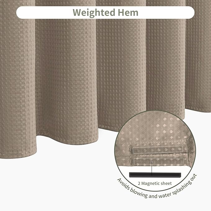 Inhousolu Fabric Shower Curtain Waffle Weave, 230 GSM Heavy Duty, Weighted Hem, 14 Metal Hooks, Water Repellent, Machine Washable, Hotel Spa Luxury Bath Curtain Set, 72 x 78 Inch, Beige