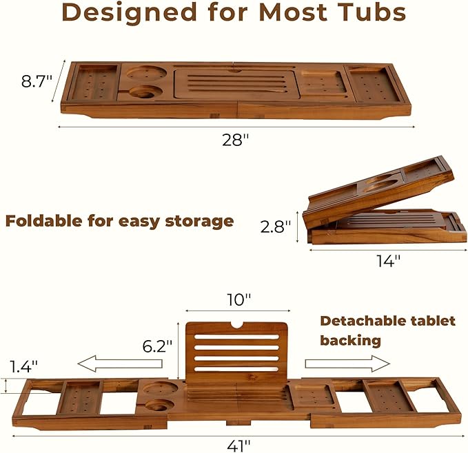 Teak Bathtub Tray Expandable Bathroom Tray for Home Spa Relaxation, Wooden Tray Caddy for Bathtub, Teak Bathtub Caddy as Unique Housewarming, Birthday, Wedding Shower Gifts (Natural Teak)