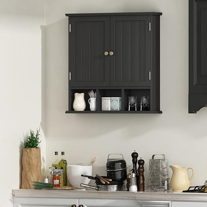 ChooChoo Bathroom Cabinet Wall Mounted 2-Door with 3 Open Shelves， Wooden Medicine Cabinets with Adjustable Shelf，Space Saver Storage Cabinets Over The Toilet for Bathroom&Living Room，Black