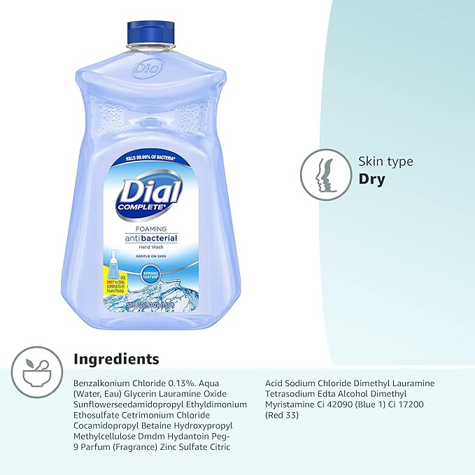 Dial Antibacterial Defense Foaming Hand Soap + Aloe, Spring Water Scent, 52 Fl Oz Hand Soap Refill, Dermatologist-Tested, Gentle on Skin