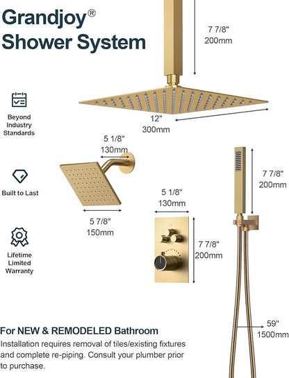 Thermostatic Shower System, Dual Rainfall Shower Heads for Ceilling & Wall Mounted with Handheld Sprayer, Brushed Gold