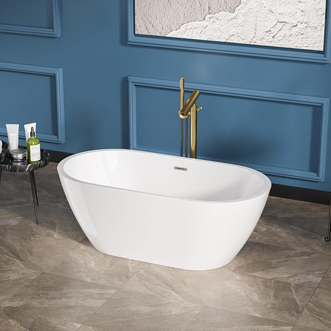 Sarlai 59 Inch Acrylic Freestanding Soaking Bathtub Contemporary Soaking White Tub Stand Alone Ergonomic Bathtub with Chrome Drain and Overflow