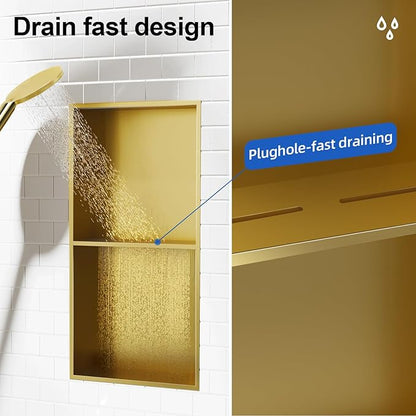 Bathbliss Shower Niche, No‑Tile Recessed Wall Niche, 11.18"x22.3" SUS304 Stainless Steel Double Shelf, Leak‑Proof Waterproof for Bathroom Storage, Brushed Gold