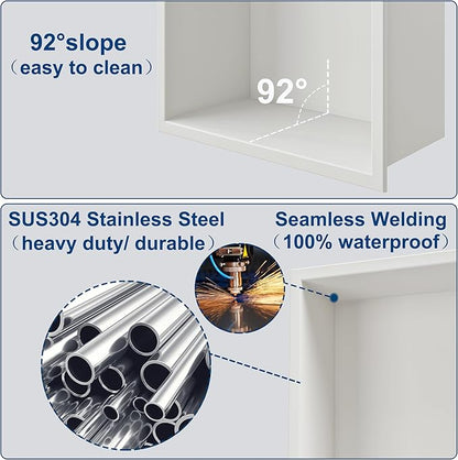 Neodrain 12X30 Inch White Three Layers Stainless Steel Shower Niche, NO Tile Needed Recessed Niche Shelf for Bathroom Storage, 3-Tier Recessed Built-in Wall Niche