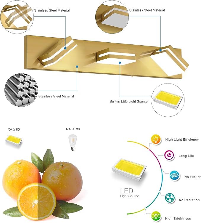 SineRise LED Modern Bathroom Vanity Light Fixtures (3-Light, 24-Inch), Brass Modern Acrylic Bathroom Wall Lighting Fixtures Over Mirror (Cool White 6000K)